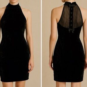 Donna Ricco Vintage Black High Neck Sheer Back Bow Accent Cocktail Dress Size 10